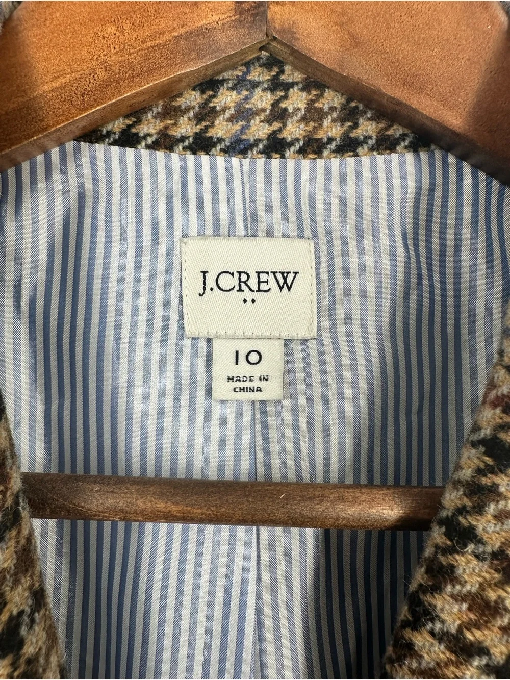 J Crew Classic Camel Multi Houndstooth Wool Blend Schoolboy Blazer Size 10
